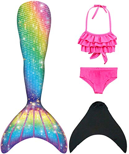DNFUN queues de sirène avec Maillot de Bain Bikini sirène avec Monopalme pour la Natation, Costume de Cosplay Maillot de Bain Princesse Filles, 4pc,04a09,140