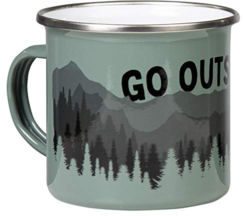 MUGSY Emaille Tasse, Go Outside Motiv in Graugrün, 300ml, bruchfest & leicht, Outdoor