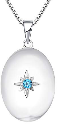 JO WISDOM Damen Halskette Ovale Medaillon Photo Bilder Amulett Silber 925,Kette Anhänger Polarstern 5A Zirkonia März Geburtsstein Aquamarin Farbe,Schmuck für Frauen