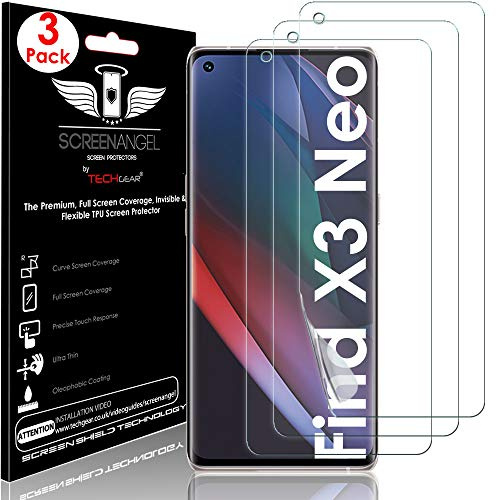 TECHGEAR [3 Piezas] Protector de Pantalla Compatible con OPPO Find X3 Neo 5G [Screen Angel] Alta Definición TPU Protector de Pantalla [Sin Burbuja] con Cobertura Completa inclusiva Pantalla Curva