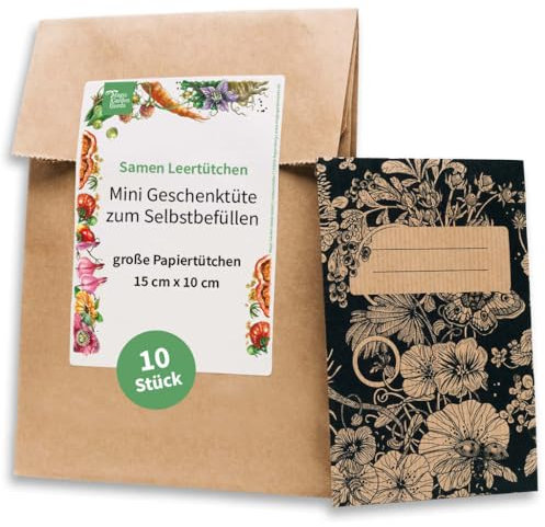 Große Samentütchen, Flachbeutel, Mini-Geschenktüte zum Selbstbefüllen und Beschriften für eigenes geerntetes Saatgut, Geschenke, Globuli - 10 Stück aus braunem, bedrucktem Packpapier