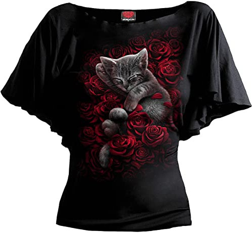 Spiral - Bed of Roses - Boat Neck Bat Sleeve Top Black - 4XL