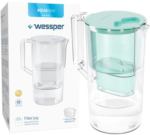 Wessper Caraffa Filtrante per Acqua 2.5L | Ricambio per Dafi Unimax Aquaphor A5 BRITA Maxtra+ PHILIPS AWP212/10 | Ridurre Calcare | Contiene Caraffa Filtrante per l'acqua + Cartuccia Filtrante, Menta