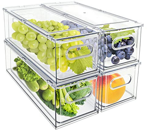 Mano Fridge Drawer Pull Out Stackable Bins with Handle Clear Refrigerator Drawers Organizer Food Storage Container Box with Dividers Plastic Produce Saver for Pantry, Cabinet, Kitchen, Clothes(4Pack)