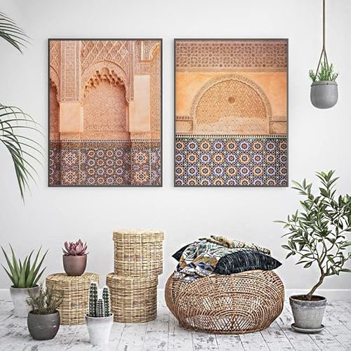 Islamische Reisefotografie Poster und Kunstdrucke Marokko Wand Bilder Leinwand Gemälde Orient Ornamets Bilder für Wohnzimmer Dekor 50x70cmx2 ungerahmt