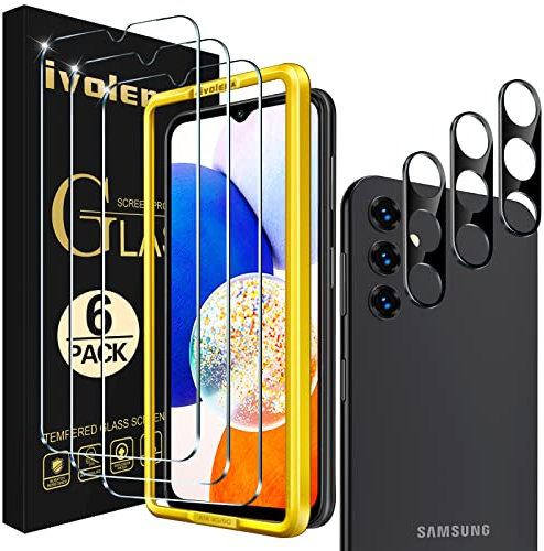 ivoler 3+3 Stück Schutz Glas für Samsung Galaxy A14 4G / A14 5G, 3 Stücke Schutzfolie Mit 3 Stück Kameraschutz und Positionierhilfe, 9H Härte, HD Klar, Anti-Kratz, Anti-Bläschen