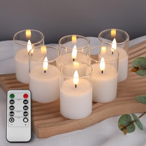 Eywamage Clear Glass Flameless Candles with Remote Timer, 6 Pack Flickering LED Votive Candles Battery Included Φ 2 H 3