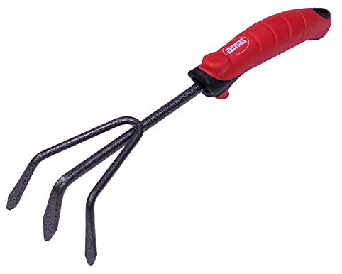 Amig - Rastrillo Jardin con Mango ABS - Escarificador de 3 Púas de Acero para Recoger Material Orgánico de Color Rojo-Negro - Medidas - 13 1/2.