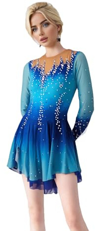 LIUHUO Eiskunstlaufkleid mit Langen Ärmeln, Netz-Rock, für Mädchen, Wettkampf-Performance, Blau
