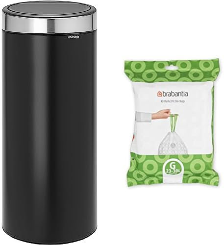 Brabantia - Poubelle Touch Bin unie 30 litres - Noir mat couvercle anti-traces de doigts - 115448 & Sacs Poubelle PerfectFit Blanc Ultra Résistant, Poignées Coulissantes