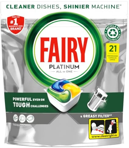 Fairy Platinum All In One Dishwasher Tablets, Lemon, 21 Tablets, For Tough Challenges, Even Cleans Greasy Filters