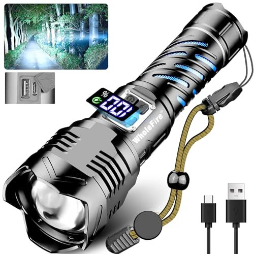 WholeFire Linterna LED recargable, linterna LED extremadamente brillante, 150000 lúmenes, IP65, resistente al agua, funciona con pilas, linterna USB para exteriores, emergencias, camping
