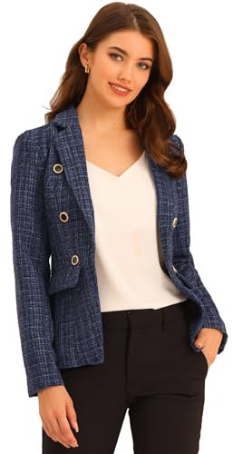 Allegra K Costume d'Halloween élégant pour femme - Veste à carreaux - Manches longues - Blazer en tweed ouvert sur le devant, noir foncé, L