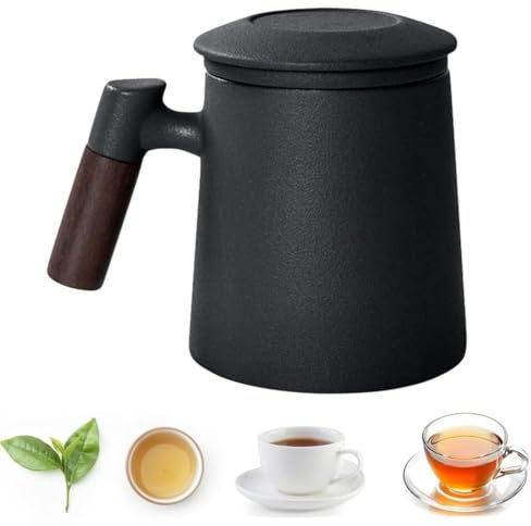 400Ml Tea Infuser Mug with Lid, Ceramic Teacup, Loose Leaf Steeping Mug, Office & Home Tea, Coffee, Milk (Black)