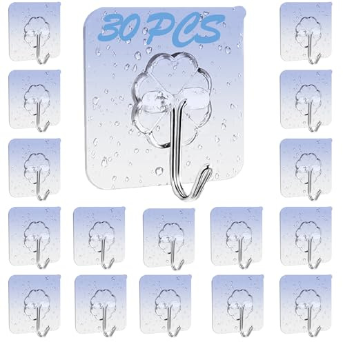 Elodyunhc 30Pcs Sticky Hooks for Hanging, Self Adhesive Hooks for Wall, Bathroom,Kitchen