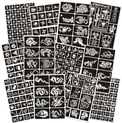 302+ Tattoo Schablone Kit, Henna Schablonen Wiederverwendbare Temporäre Tattoo Schablonen für Erwachsene, Kinder Face Paint Body Art Glitter Tattoo Schablonen