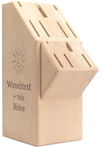 Messerblock aus Holz mit Gravur, Name + Motiv, Buchenholz Block für Küchenmesser, Messerhalter, Organizer für die Küche, personalisiertes Geschenk, ohne Messer