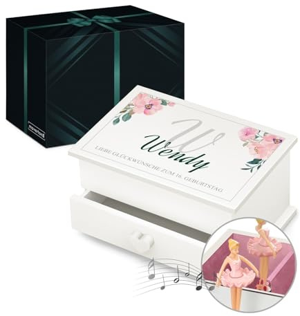 Maverton personalisierte Musik Schmuckdose mit Aufzieh-Spieluhr, Schublade | Schmuckschatulle mit Spieluhr Ballerina, Musikschmuckdose für Mädchen, Schmuckkästchen zur Taufe, zum Geburtstag