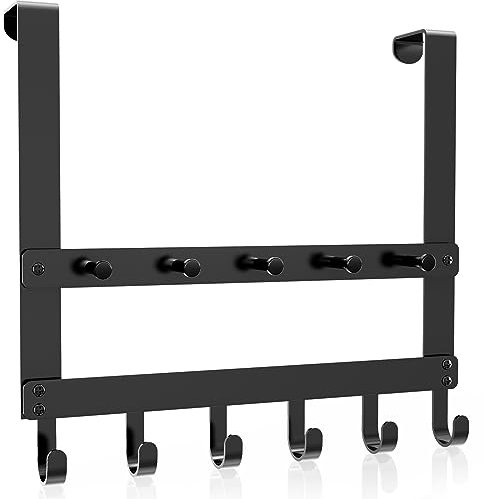 HapiRm Türhaken zum Einhängen - Doppelreihe Türgarderobe zum Einhängen mit Anti-Kratz Pads und 11 Haken, Tür Garderobe für 2,1 cm Türen, Türhakenleiste für Schlafzimmer, Küche und Bad, Schwarz