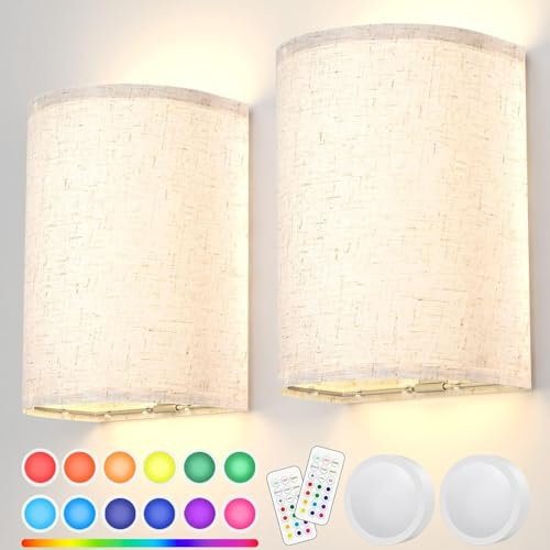 HURYEE Wall Lights Set of 2,Battery Operated Wall Light Fabric Wall Sconce Rechargeable Wall Lights with Remote,LED Wall Lamps in RGB+Warm White,Dimmable Timer for Bedroom and Living Room Lighting