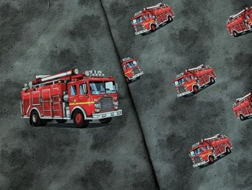 Eigenproduktion Baumwolljersey Panel + Kombi Feuerwehr auf Grau Fire Department Motiv Kleiderstoff