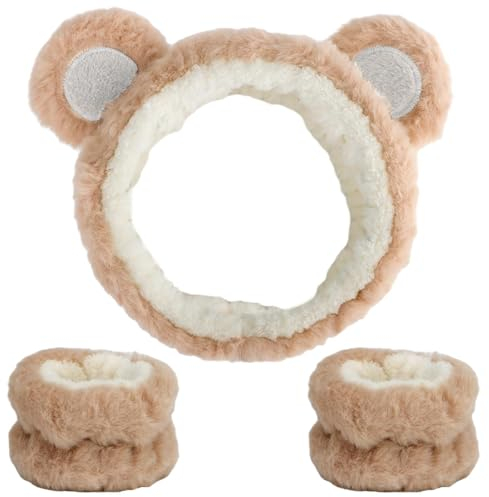 KSJEHW 3 Stück Spa Gesicht Stirnband Handgelenk Waschbänder Set Weiches Makeup Haarband Elastisch Handgelenk Schweißband Flauschiges Kosmetik Stirnband für Damen Mädchen (Khaki, Bärenohren)
