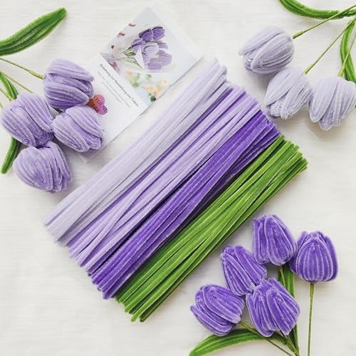 YYUENG TAK Cure-pipe artisanal pour bouquet de tulipes violettes, ensemble de fleurs pour cure-pipe, 200 pièces de fil chenille artisanal (4 couleurs) violet et vert, avec instructions