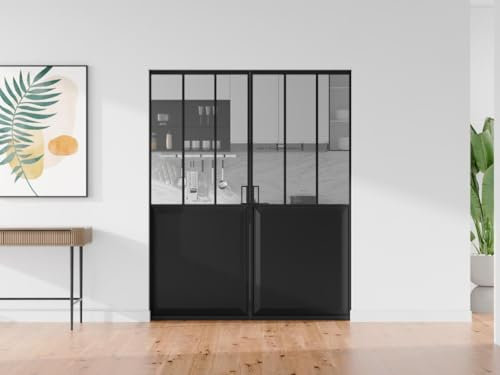 Vente-unique - Porte coulissante double atelier avec systéme à galandage - Noir et verre trempé - 2 x H205 x L83 cm - ARTISTO II