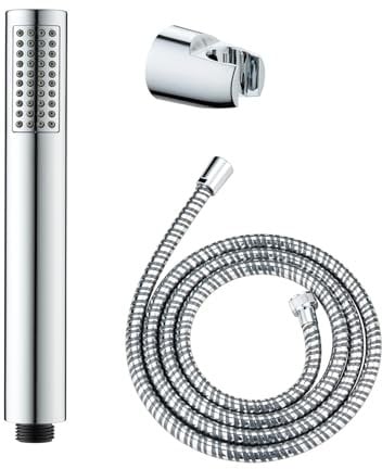 WENKO Basic Line Duschkopf-Set 3tlg., Stab Handbrause mit Regenstrahl-Funktion, 150 cm Schlauch, 3,3 x 22 x 3,3 cm, Chrom