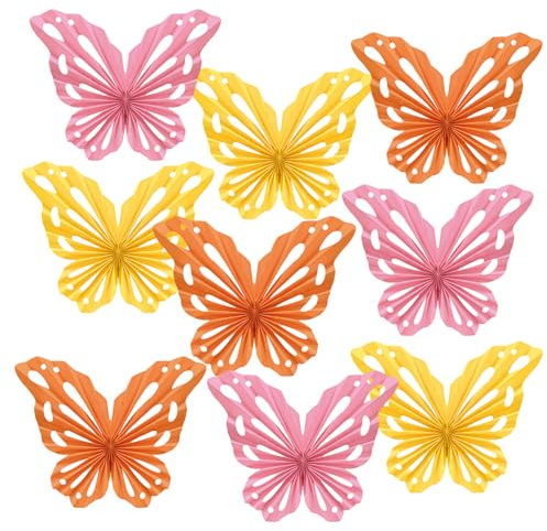 EASY JOY 9 Stück Schmetterling Fächer Dekoration Orange Rosa Papierblumen Zum Aufhängen Party Deko für Hochzeit Mädchen Geburtstag Garten Themen Tischdeko hängende Wirbel