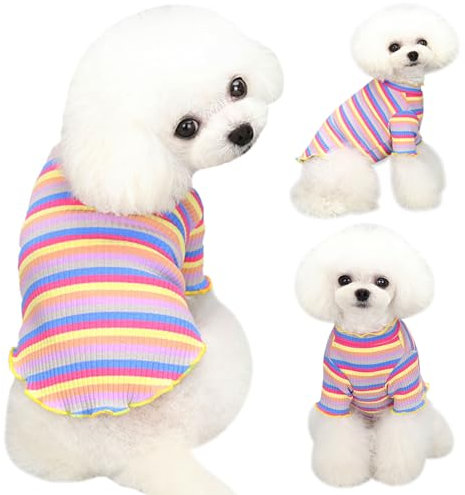 Yaopelky Small Medium Dog Clothes Rainbow Striped Dog Shirts Stretchable Long Sleeve Cat T-Shirt Pet Outfits for Chihuahua Yorkie Teddy (Yellow edge, S)