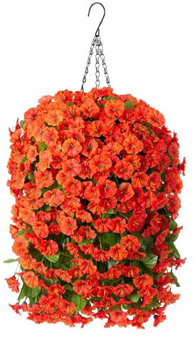Artificial Fake Hanging Flowers Plants Baskets for Outdoor Fall Decoration, Faux Silk Orange Morning Glory in Planter UV Resistant Look Real for Home Porch Patio Balcony Yard Decor