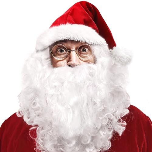 ZQEJEFD Weihnachtsmann Perücke, Weihnachtsmann mit Bart + Perücke + Mütze + Brille, Weiße Santa Beard und Perücke Set, Weihnachtsmann Kostüm Wig für Weihnachtsverkleiden Rollenspiele Weihnachtsfeier