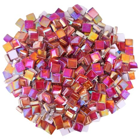 Yuvori 0,5 kg quadratische Kristallmosaikfliesen 1 cm DIY für Badezimmer, Wohnzimmer, Küche, Balkon (irisierendes Rot)
