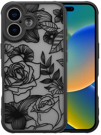 XIZYO Case for iPhone 16 6.1 Inch, Cute Frosted Translucent Rose Floral Flower Pattern Shockproof Cover, for Girls Women Luxury Soft TPU Protective Phone Case, Black