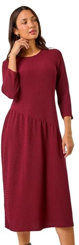 Roman Textured A-Line Stretch Midi Dress for Women UK - Ladies Autumn Everyday Winter Holiday Round Neckline Comfy 3/4 Sleeve Soft Jersey Frock Warm Cozy Gowns - Wine - Size 10