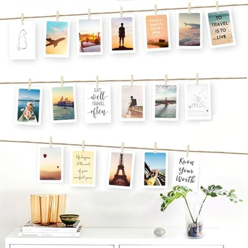 LAINIKE Pantalla de fotos colgante, pared de fotos, cuerda de fotos de 10 metros, cuerda de fotos, marco de fotos DIY, decoración de pared, con 30 minipinzas de madera y 6 clavos sin dejar rastro,