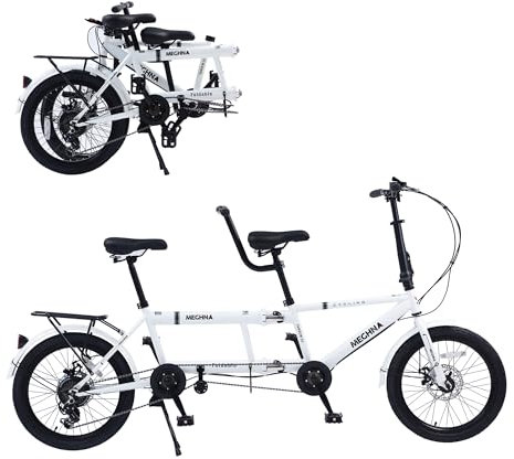 20 Zoll City Tandem Einstellbar 7 Geschwindigkeiten Tandem Fahrrad Faltrad Faltbares Beach Cruiser Fahrrad mit 3 Sitzen & Scheibenbremse,CE FCC CCC