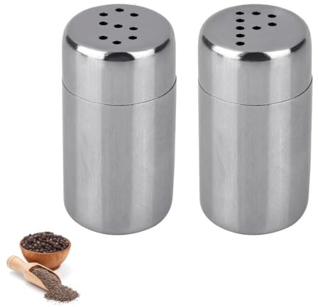 2 Pcs Salt and Pepper Shaker, Mini Stainless Steel Salt and Pepper Pots, Portable S and P Shaped Hole Salt and Pepper Set for Kitchen Travel Camping Restaurant Salt Pepper Spice Sugar(Silver)