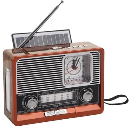 Faeymth Radio Vintage con Energía Solar, Radio Retro Recargable por USB, Reproductor de MP3, Altavoz con Linterna, Radio Reloj Compatible, Tarjeta USB/TF