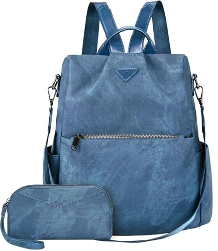 Leathario Rucksakck Damen klein,Veganes Leder Cityrucksack,Rucksackhandtasche Diebstahlsicher,Elegant Tagesrucksack für Büro,Pendeln,Arbeit,Leicht Mittelgroß Backpack Women für Reise, Ausflug Blau