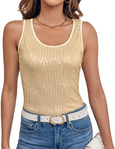 Imily Bela Top Damen Sommer Pailletten Tanktop Slim Fit U-Ausschnitt Ärmellos Elegant Oberteile Sexy Party Bluse Cocktail Club Outfits(Gold,S)