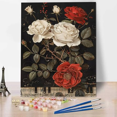 Rose Peinture par Numéros pour Adulte, Peinture Numero Adulte Kit de Peinture à l'huile sur Toile Bricolage pour Enfant avec pinceaux Peinture de Dessin de Pigment Acrylique 40x50cm Fleur Q-L