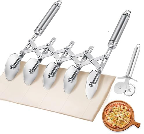 Mlesi 5 Wheel Pastry Cutter, Stainless Steel Dough Cutter Wheel with Handle, Dual Fluted Ravioli Pasta Noodle Pizza Slicer, Expandable Round Pastry Knife, Versatile Cookie Dough Divider