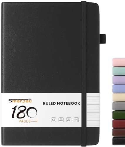 Smarpau Notizbuch A5, Liniert Journal Mit 180 Seiten und 80gsm Premium-Papier, Tagebuch Leder, Der Collegeblock Notizblock Eignet Sich Zum Schreiben und Notieren, 14.5 x 21cm-Schwarz