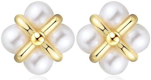 MASOP Perlenohrringe Goldfarbe Ohrstecker Weiße Perlen Vierblättrige Blatt Perlenohrstecker für Damen Frauen Freundin Mama Braut