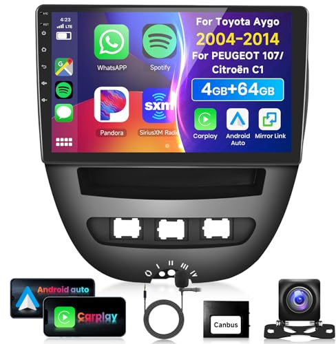 4G&64G 10.1 Autoradio Für Toyota Aygo/Peugeot 107/Citroen C1 2004-2014 mit Carplay Android Auto Wireless,1280 * 720,Touchscreen Bluetooth HiFi/RDS/FM Radio,WiFi Navi/AHD Rückfahrkamera