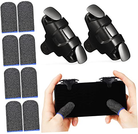 KOMBIUDA Mobiler Gaming-trigger Mit Spielcontroller Und Touchscreen-handschuhen Schwarz Silberfaser-fingerlinge Für Präzises Und Reaktionsschnelles Gameplay