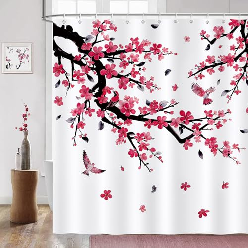 COZZSNUGE Duschvorhang 180 x 180 cm Blumen, Vögel Pflaumenblüte Rosa Rot Duschvorhänge Anti-schimmel Wasserdicht Polyester Stoff Badvorhang mit 12 Duschvorhangringen