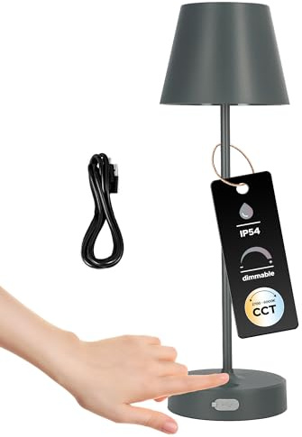 EDO LED Tischlampe Kabellos, Tischlechute Akku Dimbarre mit 3 Farbtemperatur CCT 2700K-6500K, NELI 2.7W Stufenlos Dimmbar, Touch Lampe mit USB-C für Outdoor Nachttisch Esstisch Camping, IP54, Grau